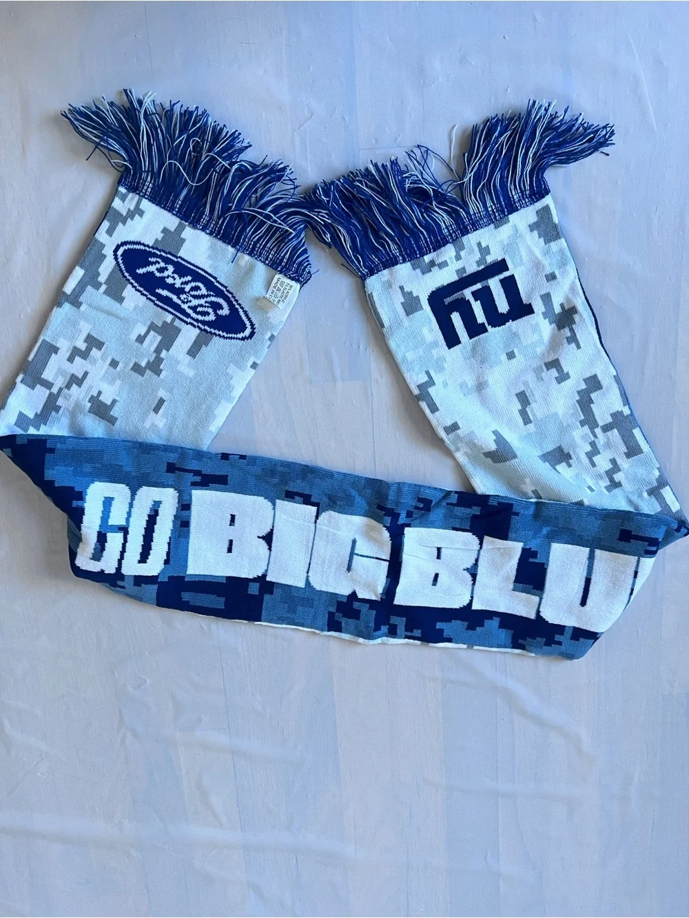 New York Giants Go Big Blue knitted scarf reversible camo fringes Ford giveaway